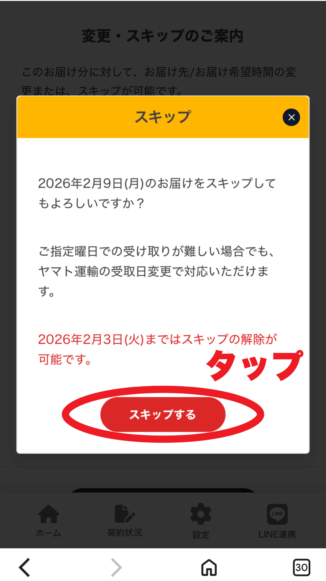 シェフの無添つくりおきのスキップの手順解説画面