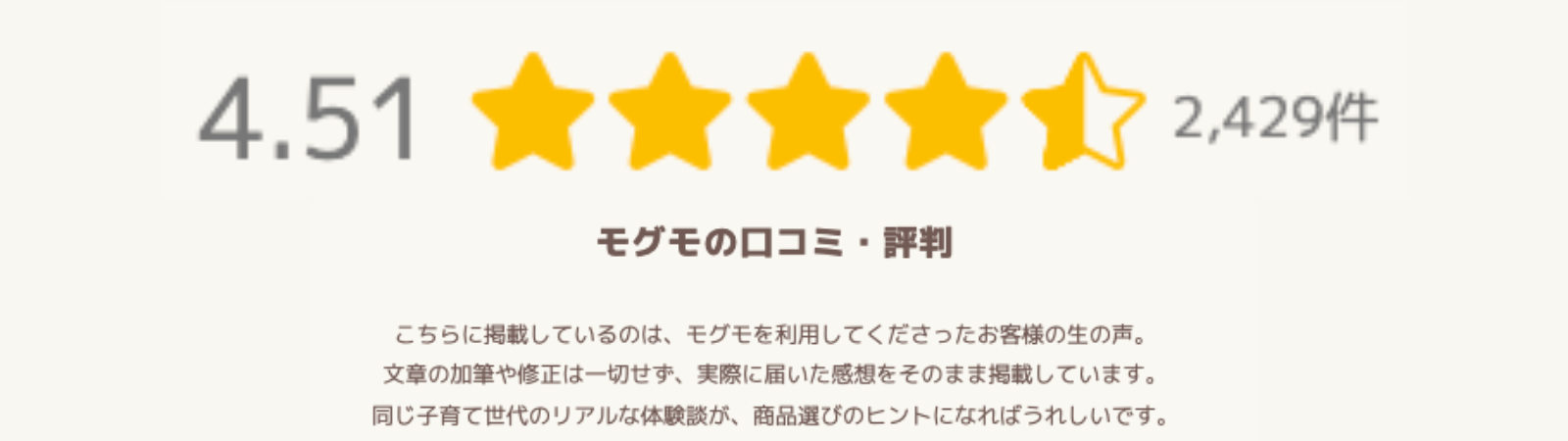 モグモ公式サイトの口コミ評判は4.51/5(2429件)
